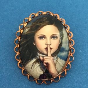 Quiet Girl Portrait Style Brooch Pin Copper Tone